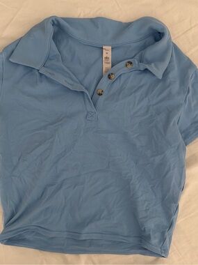 ALO Yoga Light Blue Polo Top with Tortoiseshell Buttons